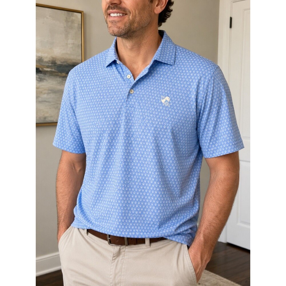 Peter Millar Summer Comfort Polo Shirt XXL Blue Skull Print Aqua Greens Golf